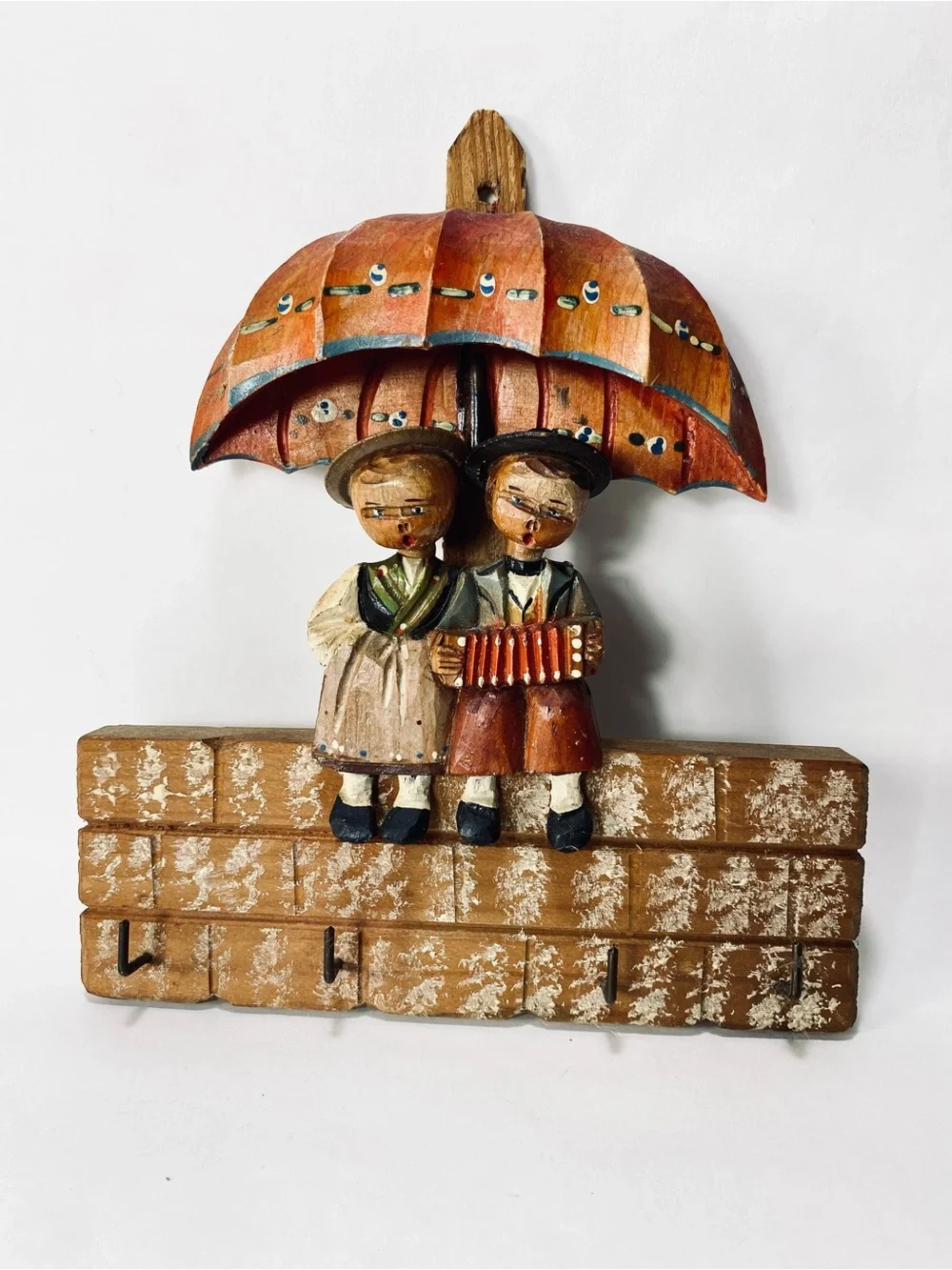 Vintage Italian Folk Art Handcrafted Rustic Wall Hook Children Umbrella